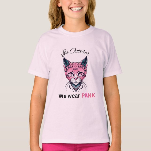 In October We Wear Pink with pink face cat T-Shirt (Front)