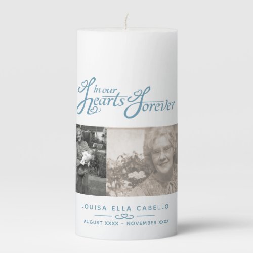 In our hearts forever 4 custom photos white blue pillar candle