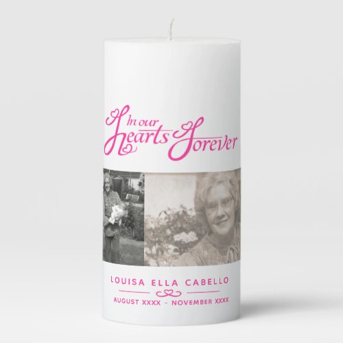 In our hearts forever 4 custom photos white pink pillar candle