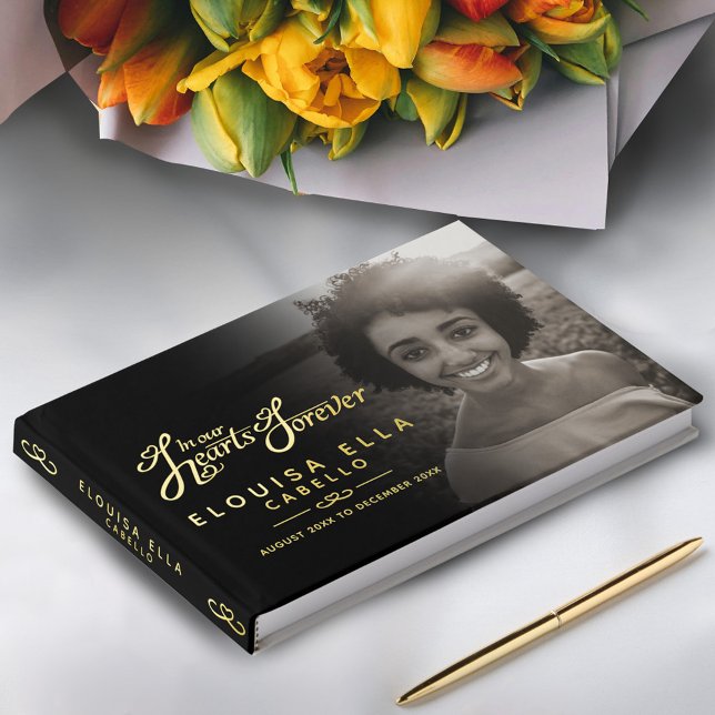 In our hearts forever funeral photo black gold foil guest book  (Creator Uploaded)