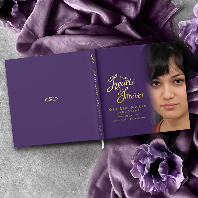 In our hearts forever funeral photo purple gold foil guest book  (Creator Uploaded)