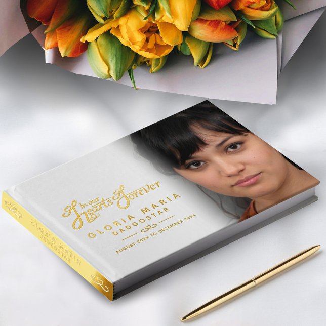 In our hearts forever funeral photo white gold foil guest book  (Creator Uploaded)