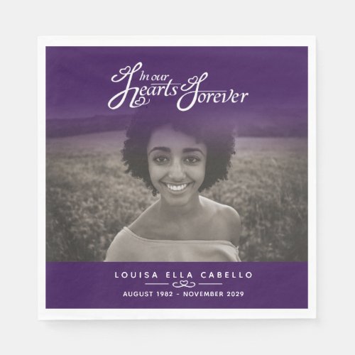 In our hearts forever photo purple funeral napkins