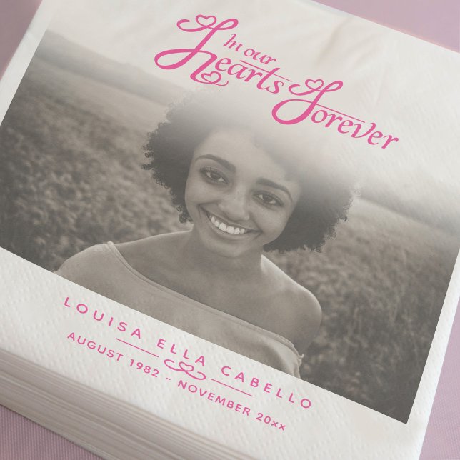 In our hearts forever photo white pink funeral napkins (Creator Uploaded)