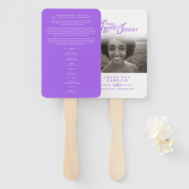 In our hearts funeral purple white wedding program hand fan (Front and Back)