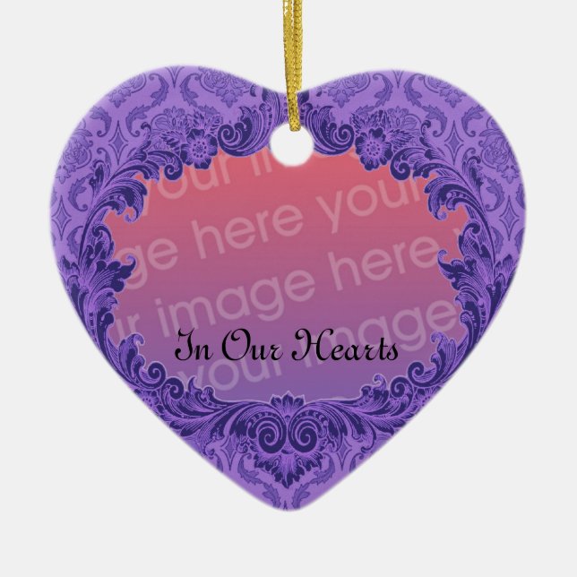 In Our Hearts Memorial Tribute Purple Damask Ceramic Ornament (Front)