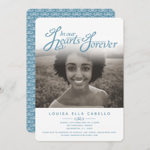 In our hearts photo funeral white blue invites