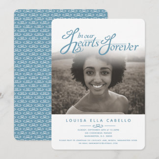 In our hearts photo funeral white blue invites