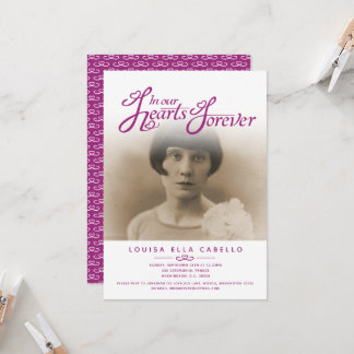 In our hearts photo funeral white mauve purple invitation