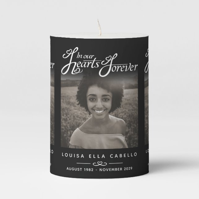 In our hearts remembrance black custom photos pillar candle (Front)