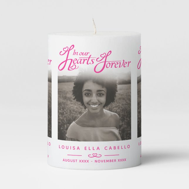 In our hearts remembrance pink white 3 photos pillar candle (Front)
