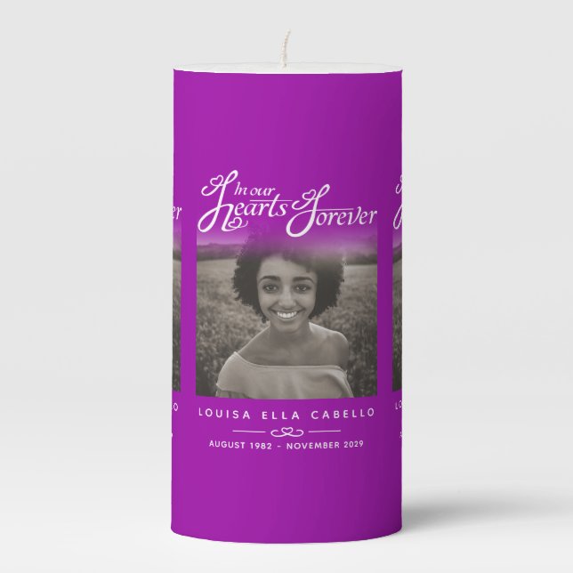 In our hearts remembrance purple photos candle (Front)