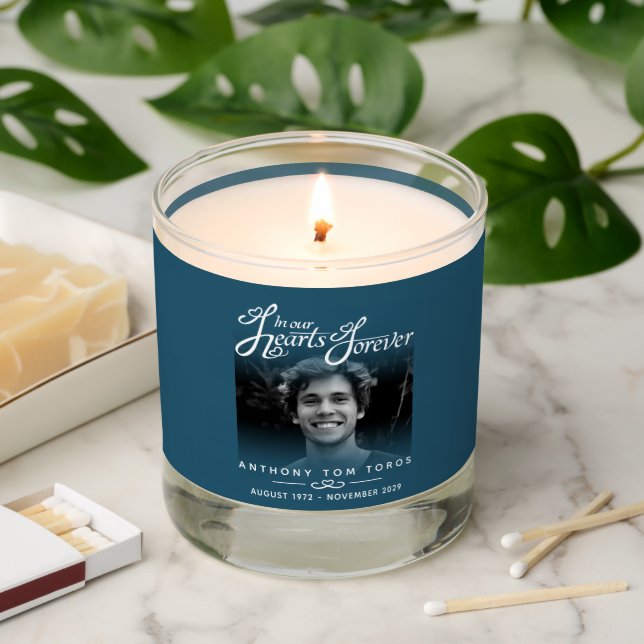 In our hearts remembrance teal blue 2 photos scented candle (Lit)