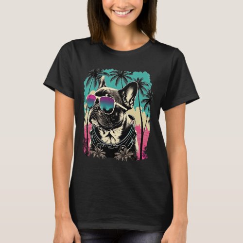 In Paradise Retro Bulldog On Palm Sunset  T_Shirt