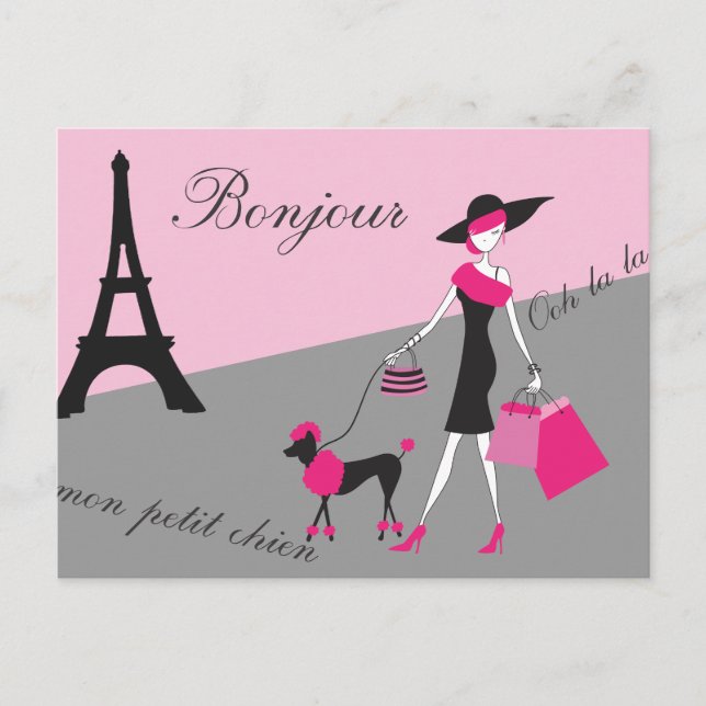 In Paris Woman and Dog Pink and Black Postcard (Front)
