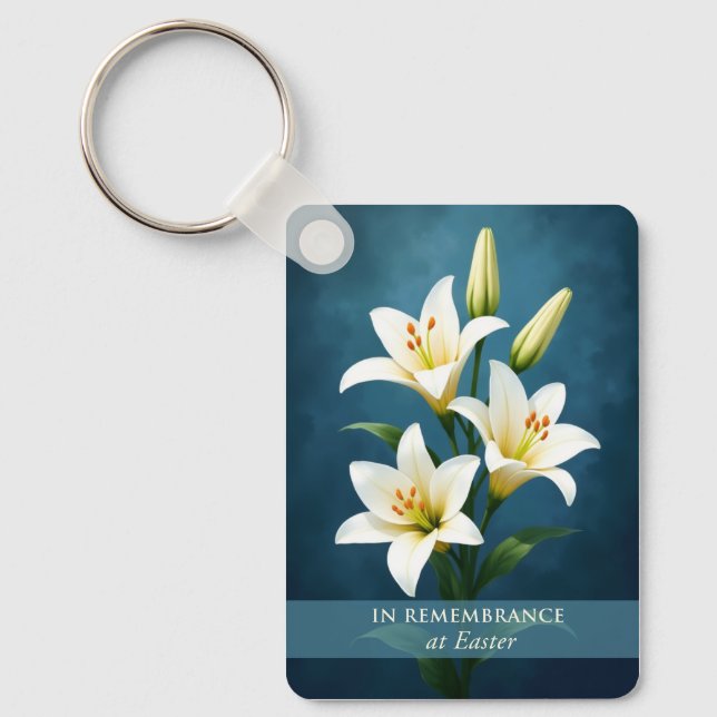 In Remembrance at Easter White Lilies on Blue Keychain (Front)