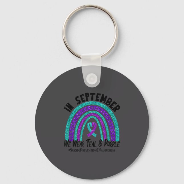 In September We Wear Teal Purple Ribbon Suicide Pr Keychain (Front)