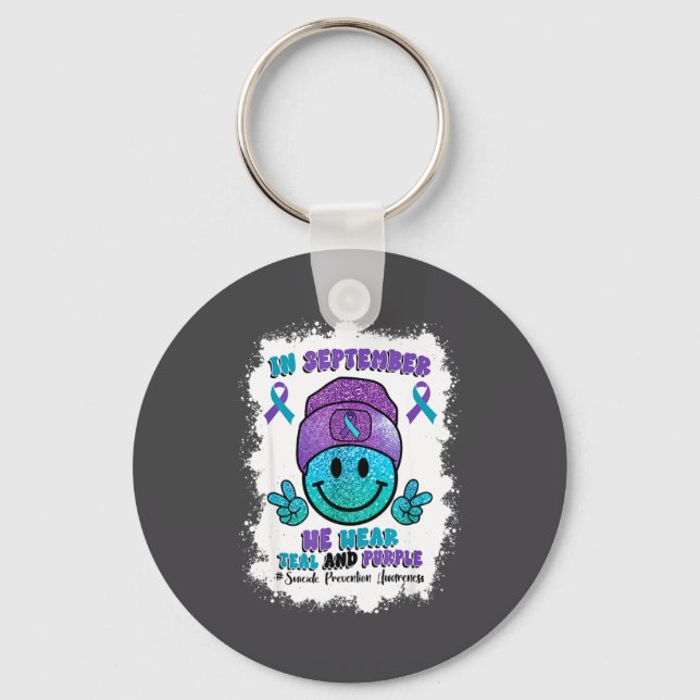 In September We Wear Teal Purple Ribbon Suicide Pr Keychain (Front)