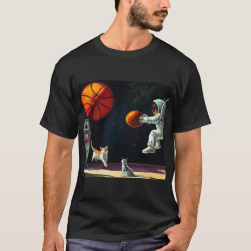 in space an astronaut playing basketball with cats T_Shirt