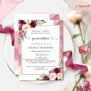 In Spanish, Burgundy and Pink Floral Quinceañera Invitation