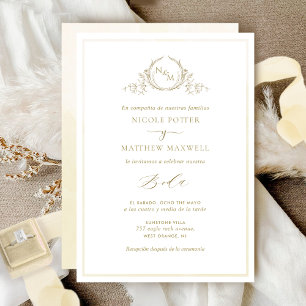 In Spanish, Champagne Elegant Monogram Wedding  Invitation