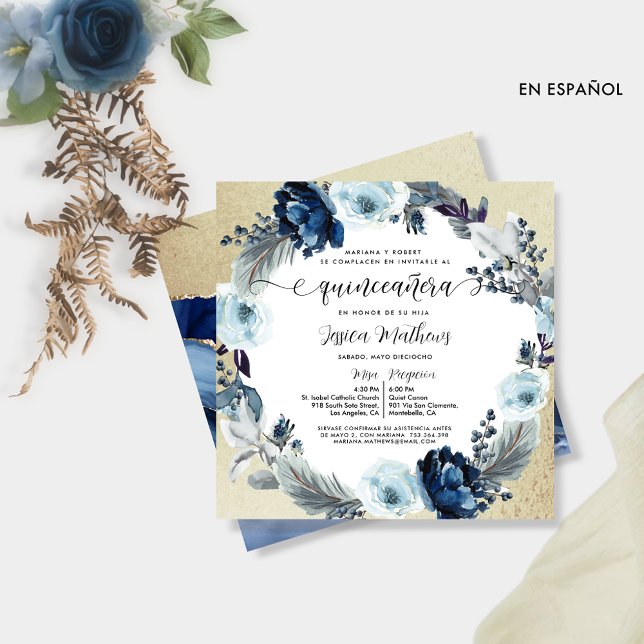 In Spanish, Chic Blue and Gold, Floral Quinceañera Invitation (Creator Uploaded)