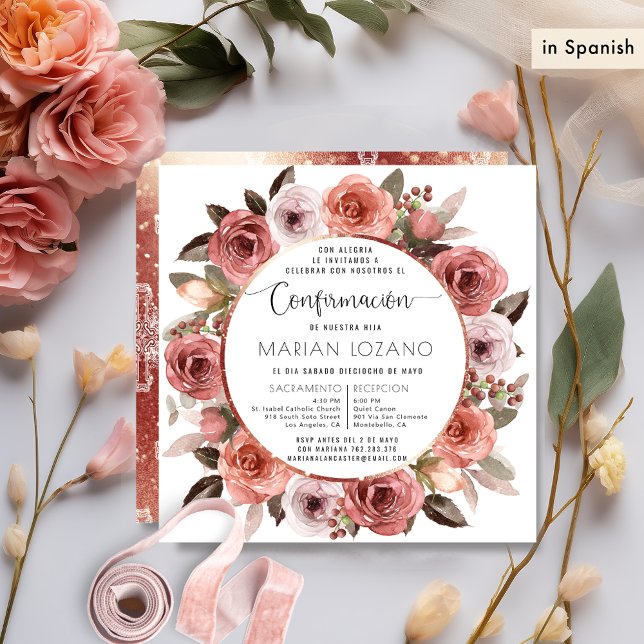In Spanish, Confirmation, Rose Gold Floral Invitation (Creator Uploaded)