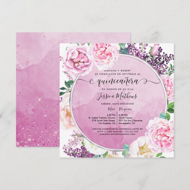 In Spanish, Elegant Fuchsia Floral Quinceañera Invitation (Front/Back)