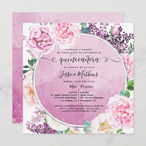 In Spanish Elegant Fuchsia Floral Quinceaera Invitation