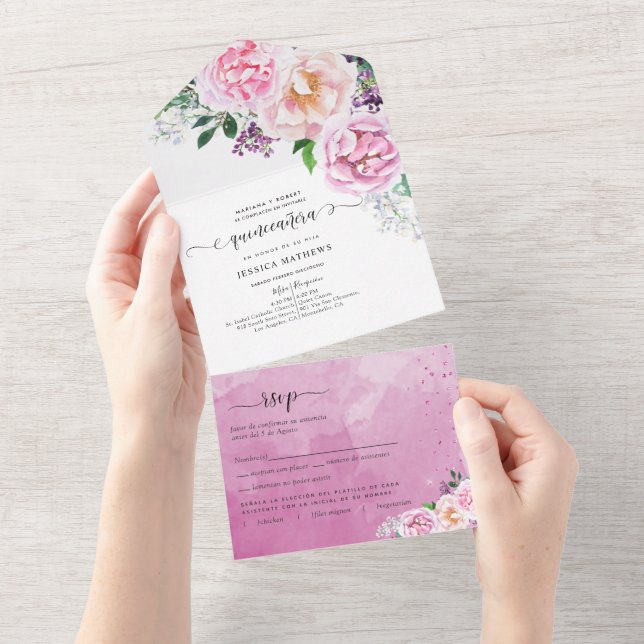 in Spanish, Elegant Fuchsia, Hot Pink Quinceañera  All In One Invitation (Tearaway)
