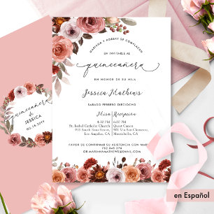 In Spanish, Elegant Pink Floral Quinceañera Invitation