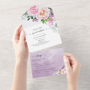 in Spanish, Elegant Purple Floral Quinceañera All All In One Invitation