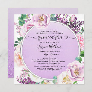 In Spanish, Elegant Purple Floral Quinceanera Invi Invitation