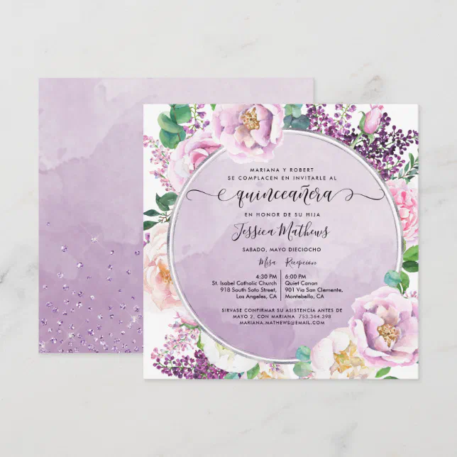 In Spanish, Elegant Purple Floral Quinceanera Invitation | Zazzle