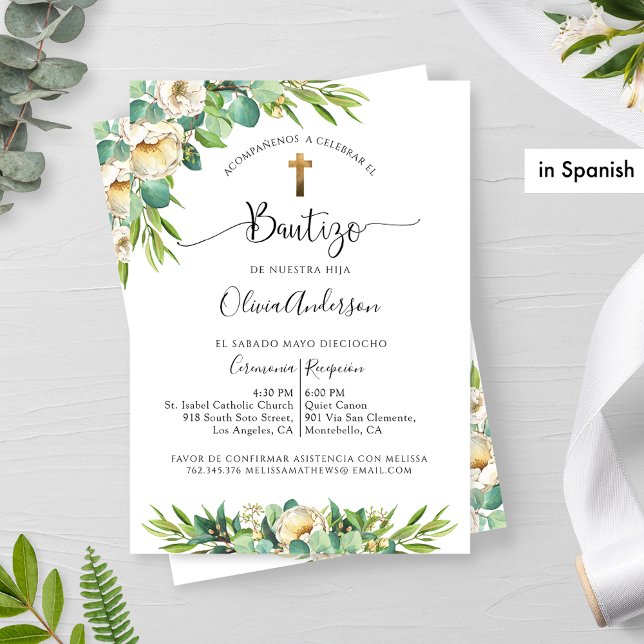 In Spanish, Greenery, White Yellow Floral Baptism Invitation (Creator Uploaded)