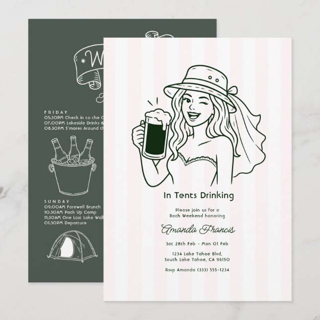 In Tents Drinking Doodle Camping Bachelorette Invitation (Front/Back)