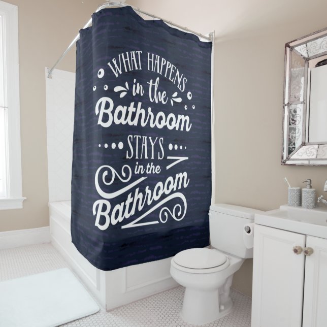 In the Bathroom modern masculine Sassy blue stripe Shower Curtain (In Situ)
