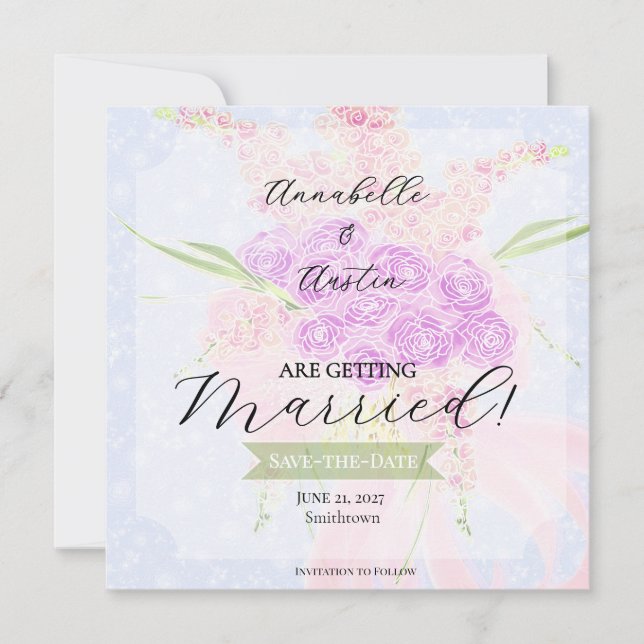 In The Blue- Sweet Pink sheer bow Bouquet   Save The Date (Front)