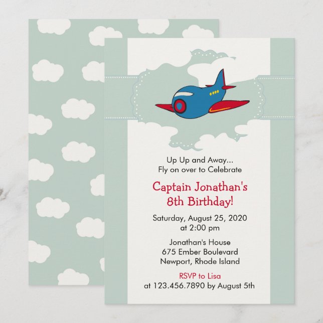 In the clouds Airplane Birthday Party Invitation (Front/Back)