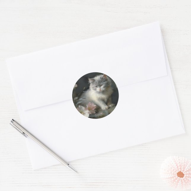 In The Company Of Flowers Gray and White Kitten Classic Round Sticker (Envelope)
