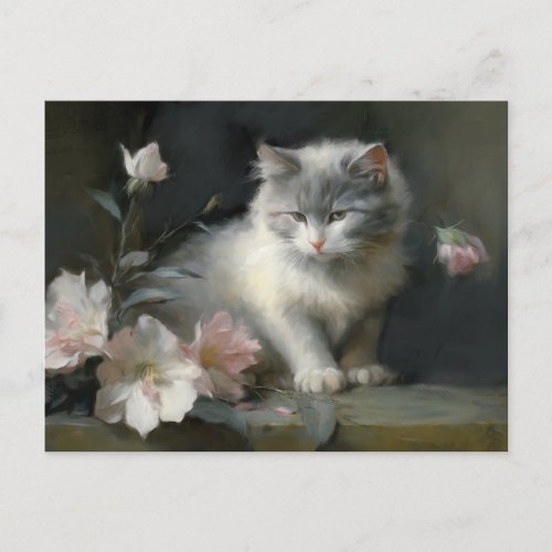 In The Company Of Flowers Gray and White Kitten Postcard