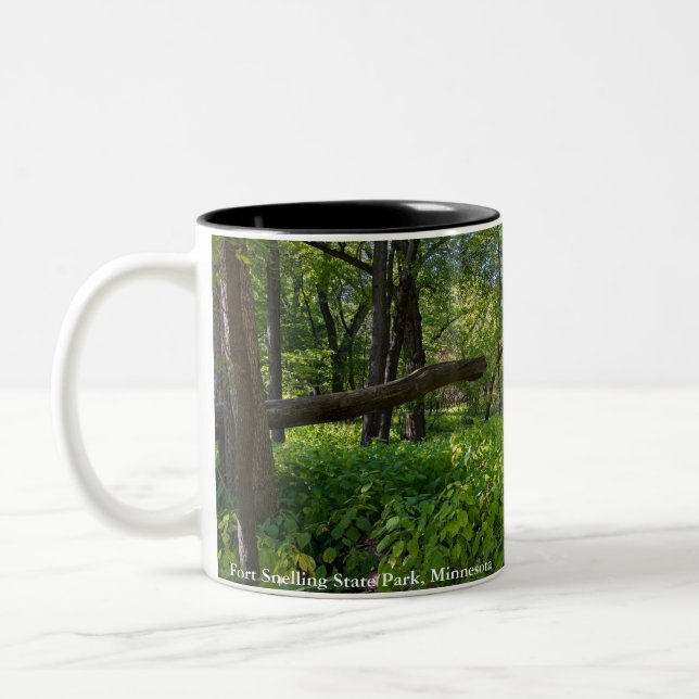 in the forest at fort snelling state park Two-Tone coffee mug (Left)