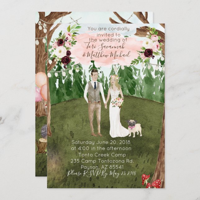 In The Forest Wedding Invitation - With Pet Pug (Front/Back)