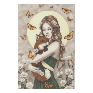 In the garden girl with fox and butterflies faux canvas print