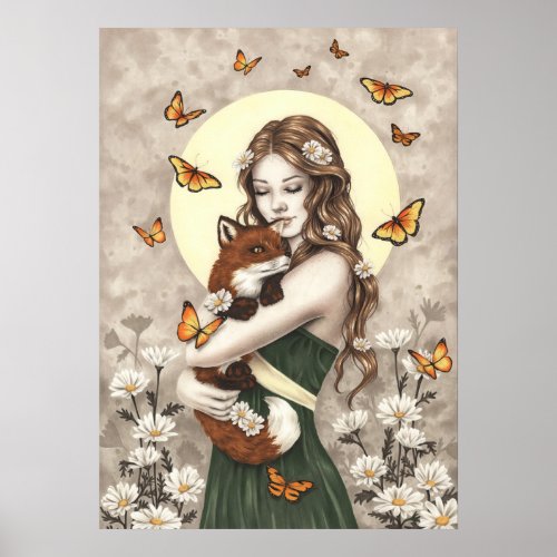 In the garden girl with fox and butterflies poster