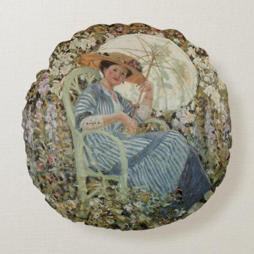 In the Garden Giverny by Frederick Frieseke Round Pillow