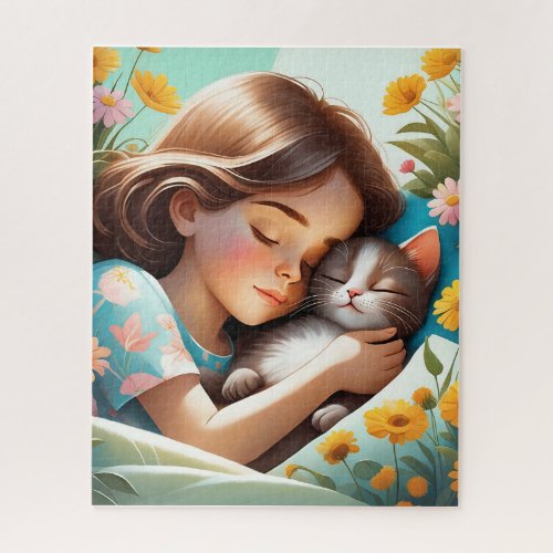 In the illustration a girl and her cat are spendi jigsaw puzzle