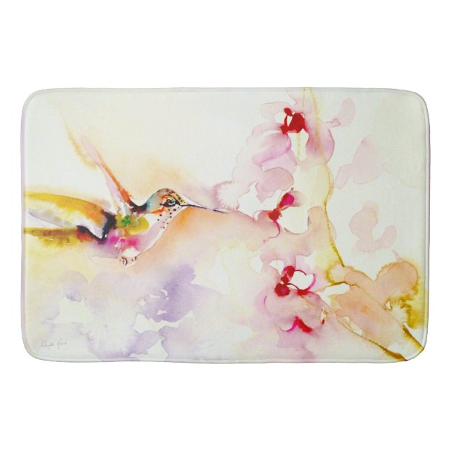 "In the Pink" Hummingbird Print Bathroom Mat (Front)
