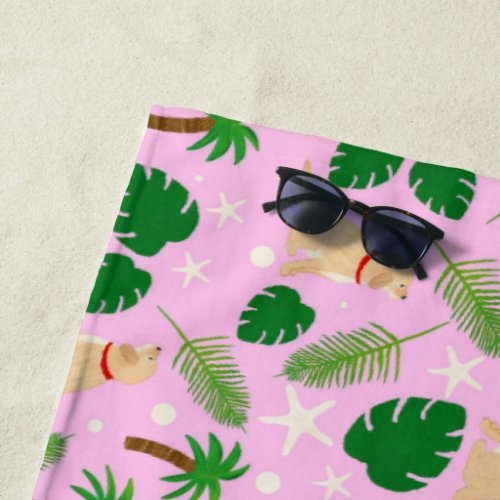 In the Pink Tropical Pups  Beach Towel