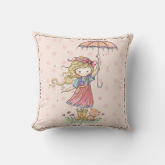 In the Rain Cute Girl and Kitty Pillow